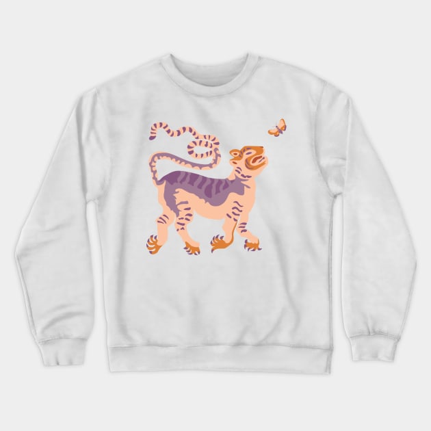 Tibetan orange tiger and butterfly Crewneck Sweatshirt by dumbbunnydesign